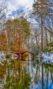 Preview wallpaper bridge, trees, lake, snow, winter, nature, landscape