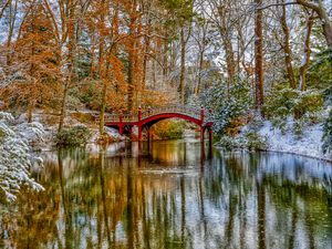 Preview wallpaper bridge, trees, lake, snow, winter, nature, landscape