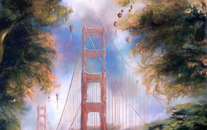 Preview wallpaper bridge, trees, lanterns, holiday, art