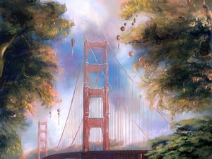 Preview wallpaper bridge, trees, lanterns, holiday, art