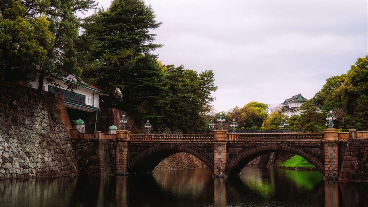 Wallpaper bridge, trees, river, landscape, architecture