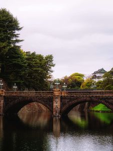 Preview wallpaper bridge, trees, river, landscape, architecture