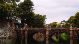 Preview wallpaper bridge, trees, river, landscape, architecture