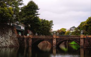 Preview wallpaper bridge, trees, river, landscape, architecture