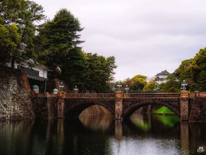 Preview wallpaper bridge, trees, river, landscape, architecture