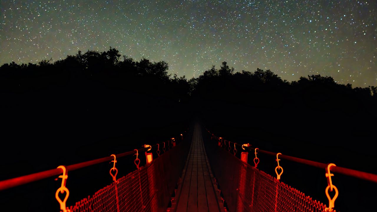 Wallpaper bridge, trees, starry sky, stars, dark