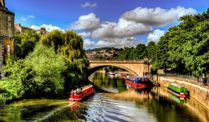 Preview wallpaper bridge, trees, summer, ships