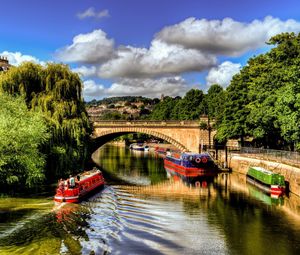 Preview wallpaper bridge, trees, summer, ships