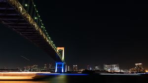 Preview wallpaper bridge, water, night city, buildings, architecture