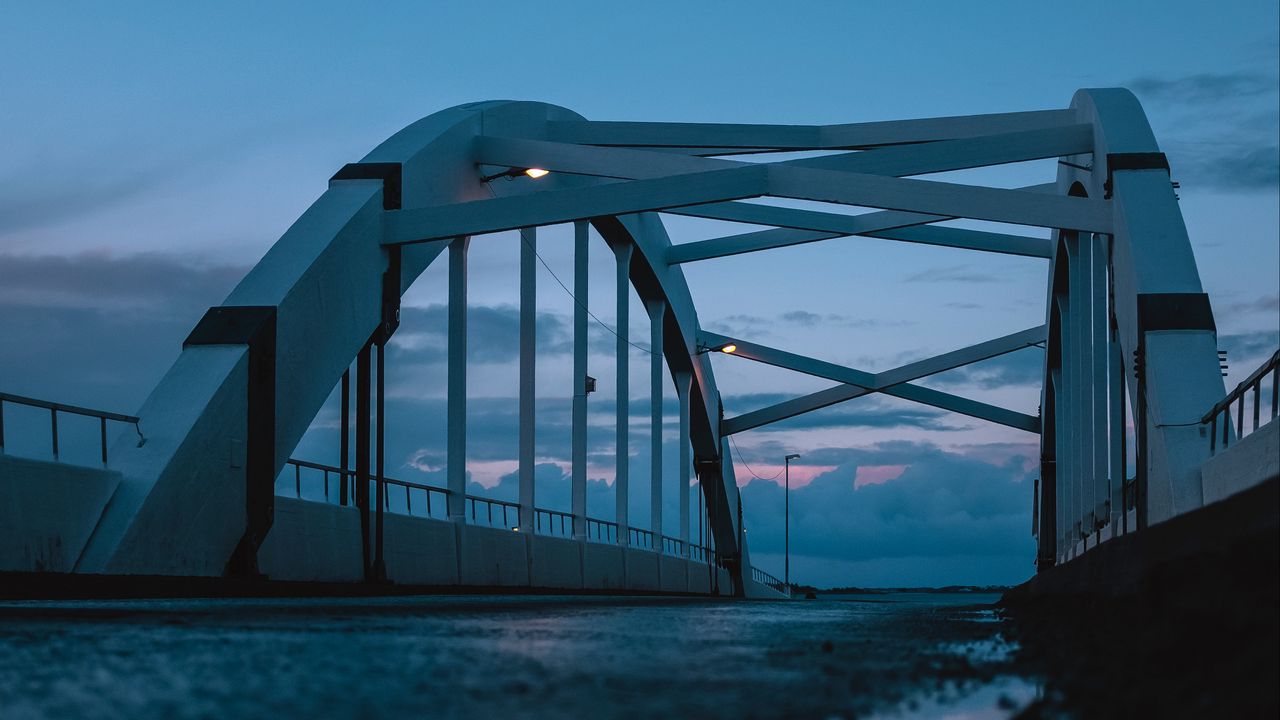Wallpaper bridge, water, reflection, twilight, evening