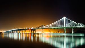 Preview wallpaper bridge, water, reflection, glow, night