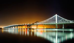 Preview wallpaper bridge, water, reflection, glow, night