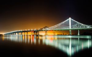 Preview wallpaper bridge, water, reflection, glow, night