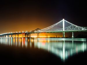 Preview wallpaper bridge, water, reflection, glow, night