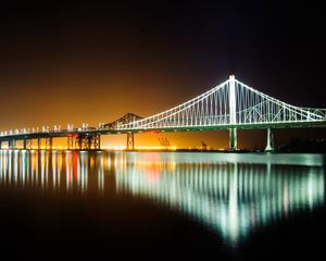 Preview wallpaper bridge, water, reflection, glow, night