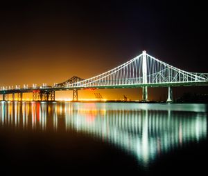 Preview wallpaper bridge, water, reflection, glow, night