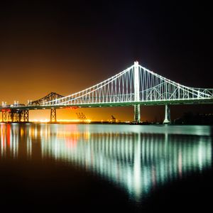 Preview wallpaper bridge, water, reflection, glow, night