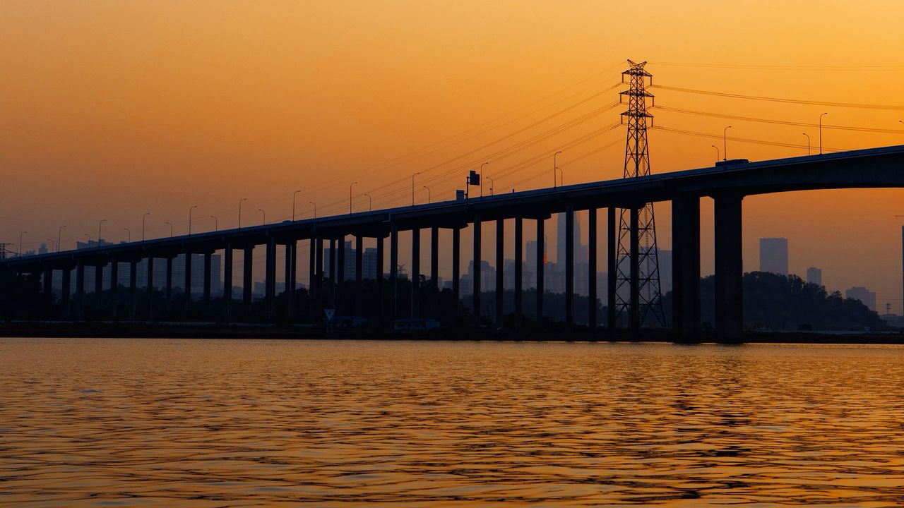 Wallpaper bridge, water, sunset, waves, dusk