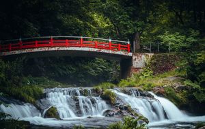 Preview wallpaper bridge, waterfall, forest, grass, trees
