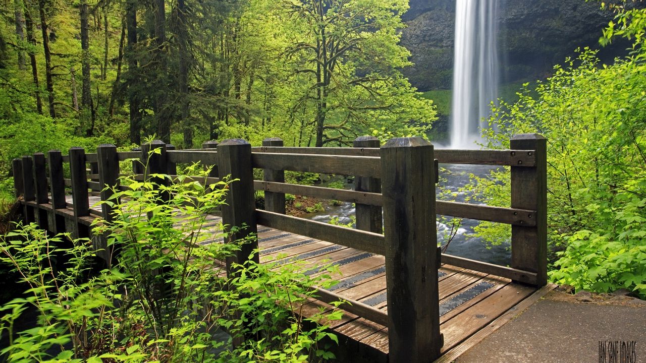 Wallpaper bridge, waterfall, nature, grass