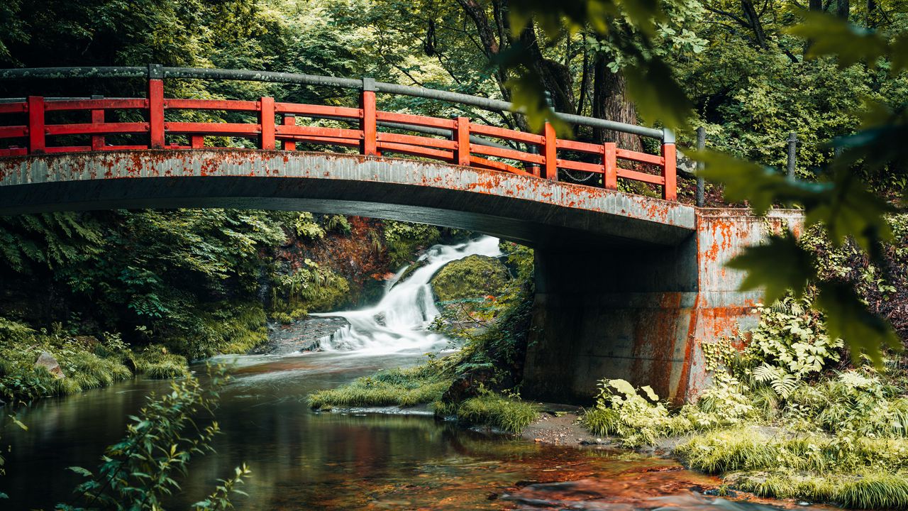 Wallpaper bridge, waterfall, river, nature