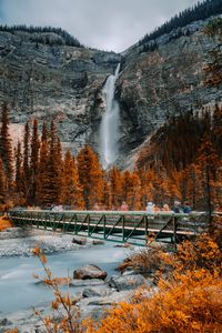 Preview wallpaper bridge, waterfall, river, rock, trees, nature