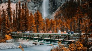 Preview wallpaper bridge, waterfall, river, rock, trees, nature