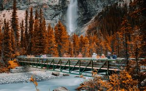 Preview wallpaper bridge, waterfall, river, rock, trees, nature