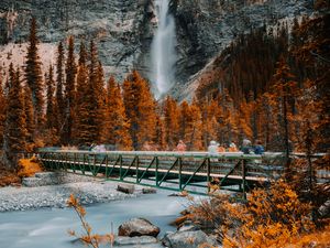 Preview wallpaper bridge, waterfall, river, rock, trees, nature