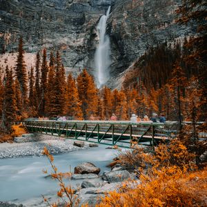 Preview wallpaper bridge, waterfall, river, rock, trees, nature