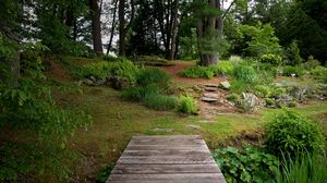 Preview wallpaper bridge, wooden, garden, vegetation, greens