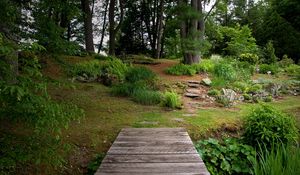 Preview wallpaper bridge, wooden, garden, vegetation, greens