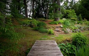 Preview wallpaper bridge, wooden, garden, vegetation, greens