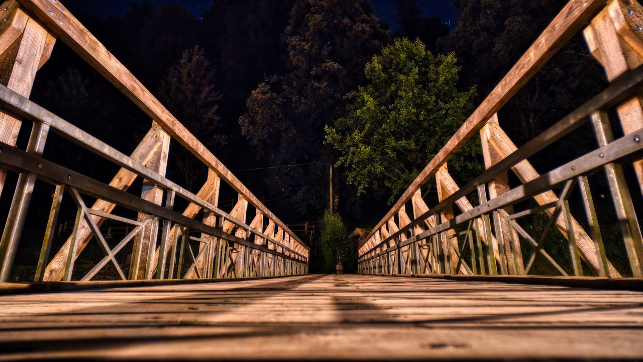 Wallpaper bridge, wooden, trees, starry sky, night
