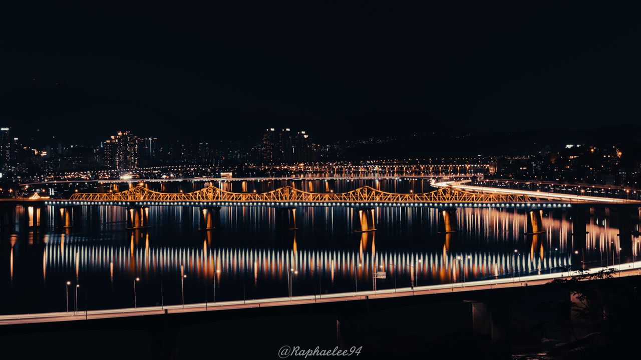 Wallpaper bridges, backlight, water, reflection, night, dark
