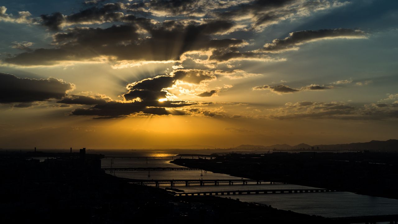 Wallpaper bridges, river, clouds, twilight, dark