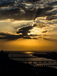 Preview wallpaper bridges, river, clouds, twilight, dark