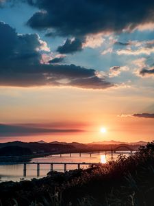 Preview wallpaper bridges, sunset, river, clouds