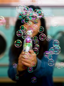 Preview wallpaper bubbles, colorful, iridescent, girl, silhouette