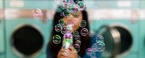 Preview wallpaper bubbles, colorful, iridescent, girl, silhouette