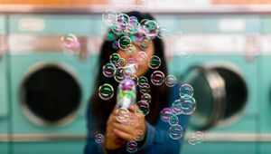 Preview wallpaper bubbles, colorful, iridescent, girl, silhouette