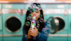 Preview wallpaper bubbles, colorful, iridescent, girl, silhouette