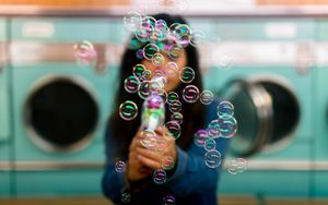Preview wallpaper bubbles, colorful, iridescent, girl, silhouette