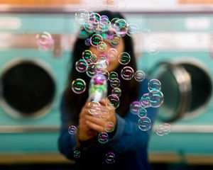 Preview wallpaper bubbles, colorful, iridescent, girl, silhouette