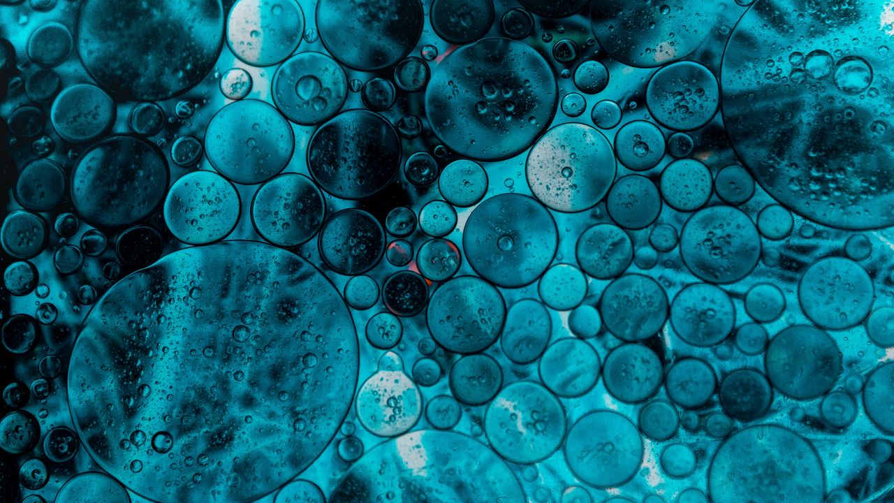 Wallpaper bubbles, oil, liquid, macro, blue