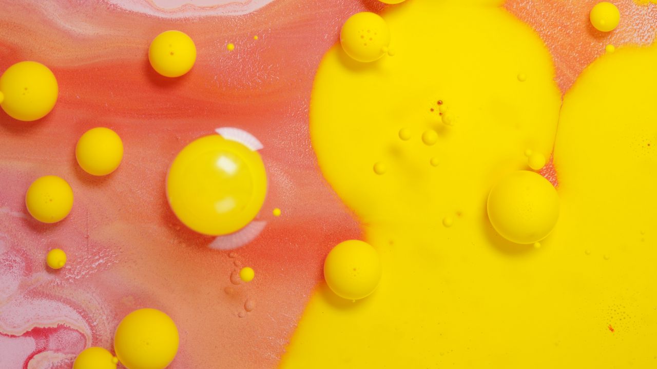 Wallpaper bubbles, paint, stains, liquid, abstraction, yellow