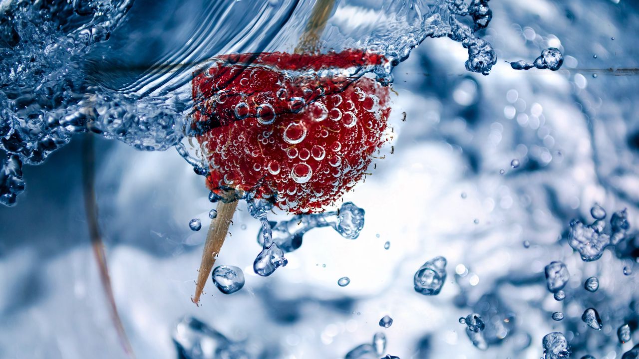 Wallpaper bubbles, raspberry, toothpick, close-up