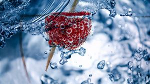Preview wallpaper bubbles, raspberry, toothpick, close-up