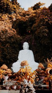 Preview wallpaper buddha, buddhism, harmony, sculpture, trees, plants