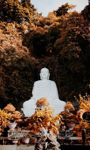 Preview wallpaper buddha, buddhism, harmony, sculpture, trees, plants